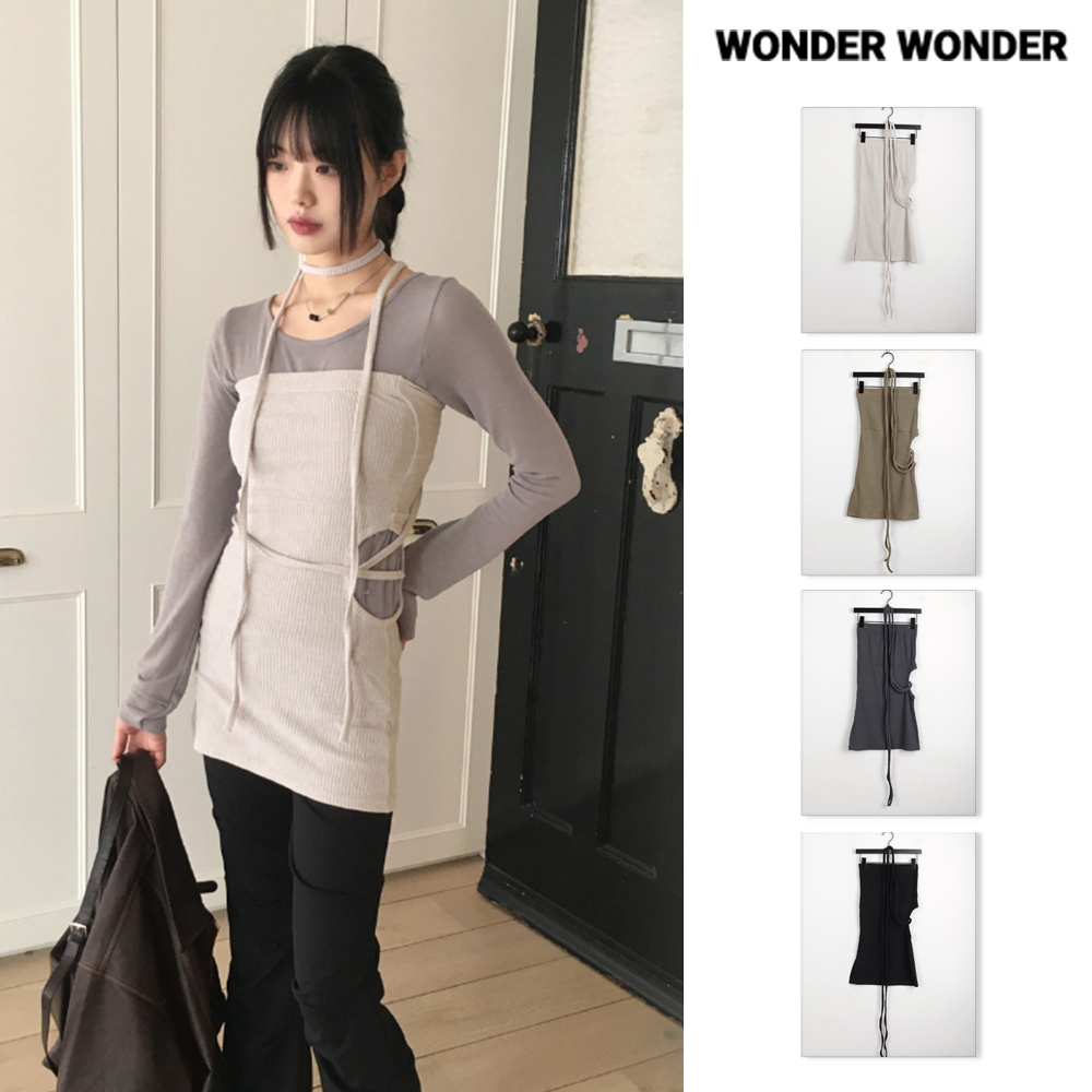 【WONDER WONDER】Heming slit hole strap layered OP top