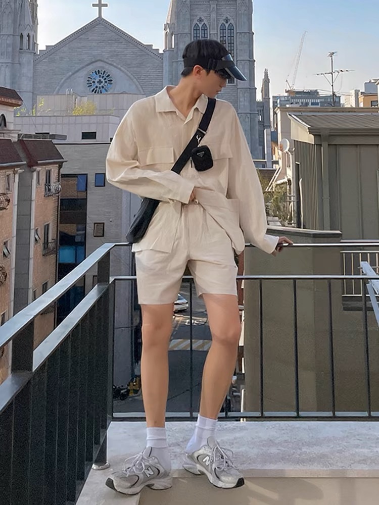 メンズ無地上下セット長袖シャツショートパンツカジュアル