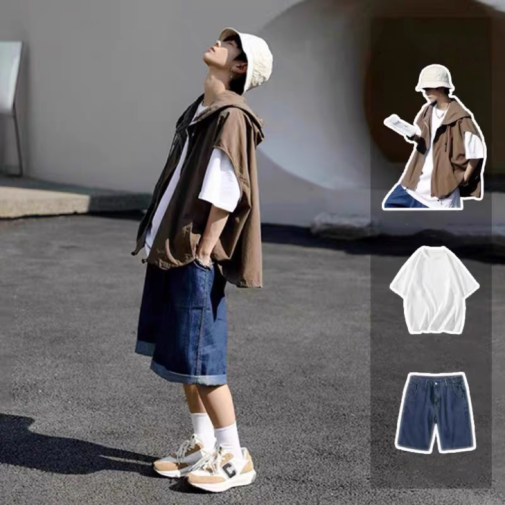 メンズ3点セットTシャツフードベストパンツおしゃれ