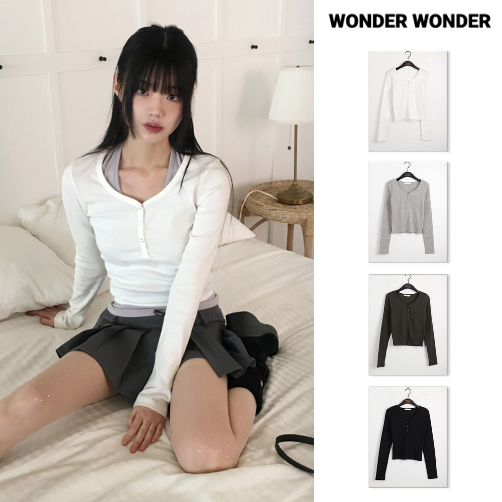 【WONDER WONDER】Garb Snap Button U-neck Long Sleeve T-shirt