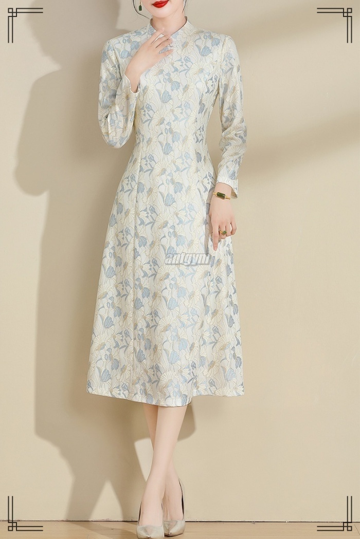 ロングワンピース M~4XL フラワープリント スタンドカラー