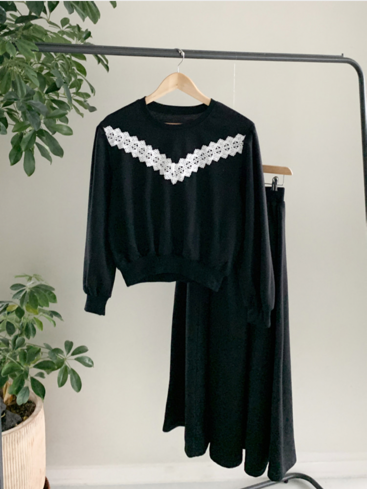 セットアップ スウェット ラウンドネック レース ロング 3colors
