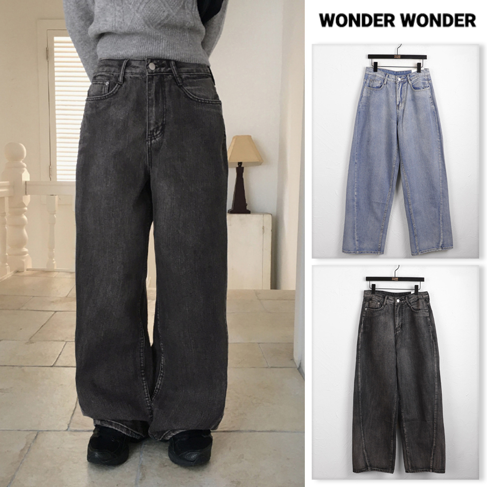 【WONDER WONDER】diagonal line cut washing L wide denim PT