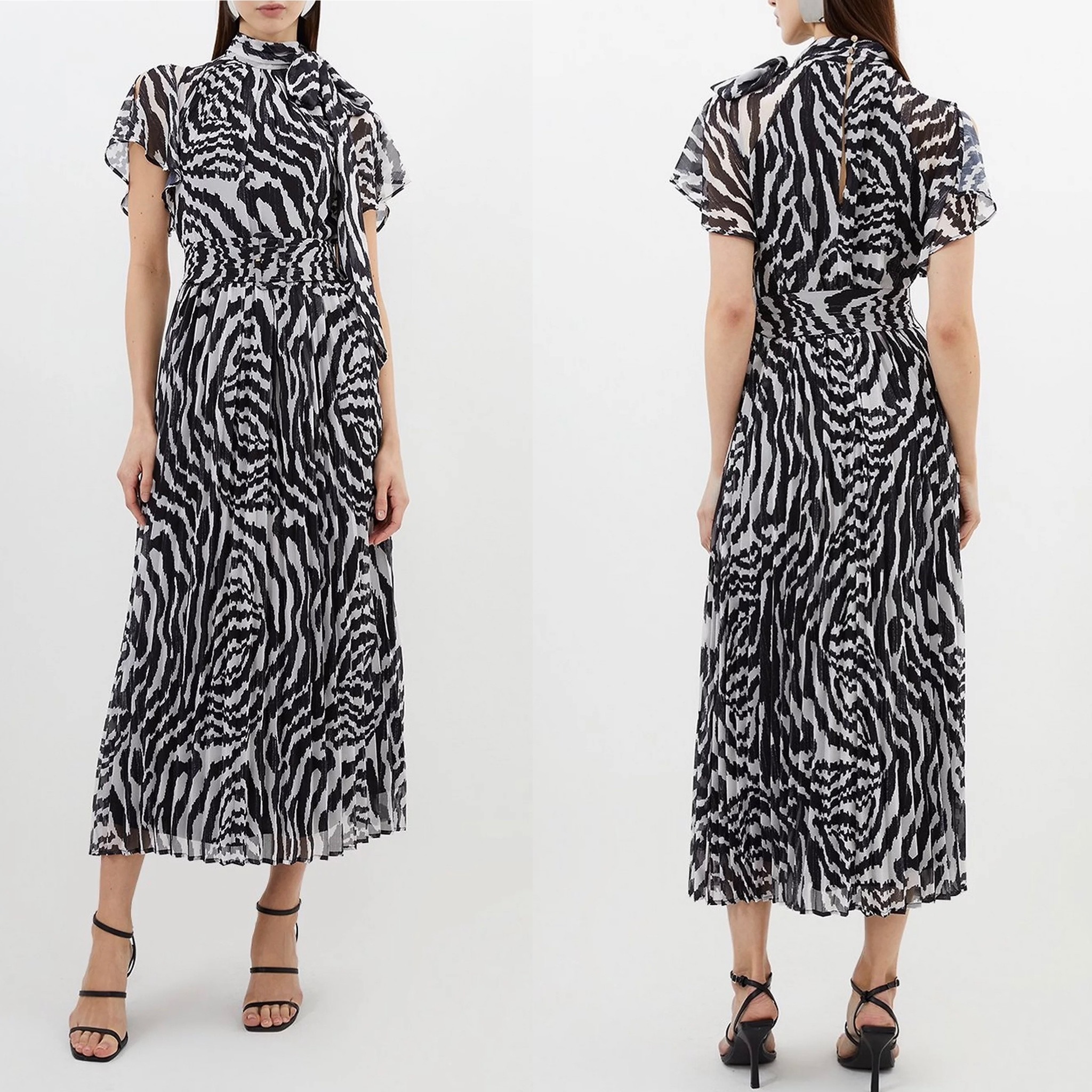 安心追跡付【KAREN MILLEN】モノトーン渦巻プリントミディドレス