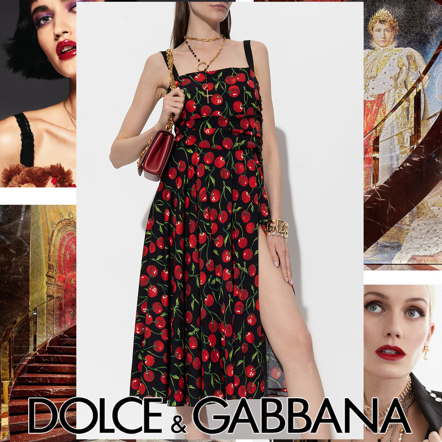 Dolce & Gabbana プリント スクエアネックドレス ブラック