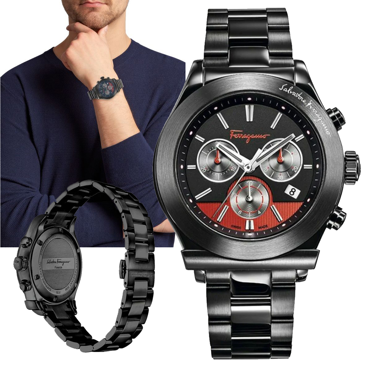 人気！Ferragamo 1898 IP Black クロノグラフ42mm メンズ腕時計