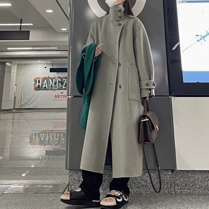 ロングコート スタンドカラー ワイド ウールタッチ 全2色 韓国系