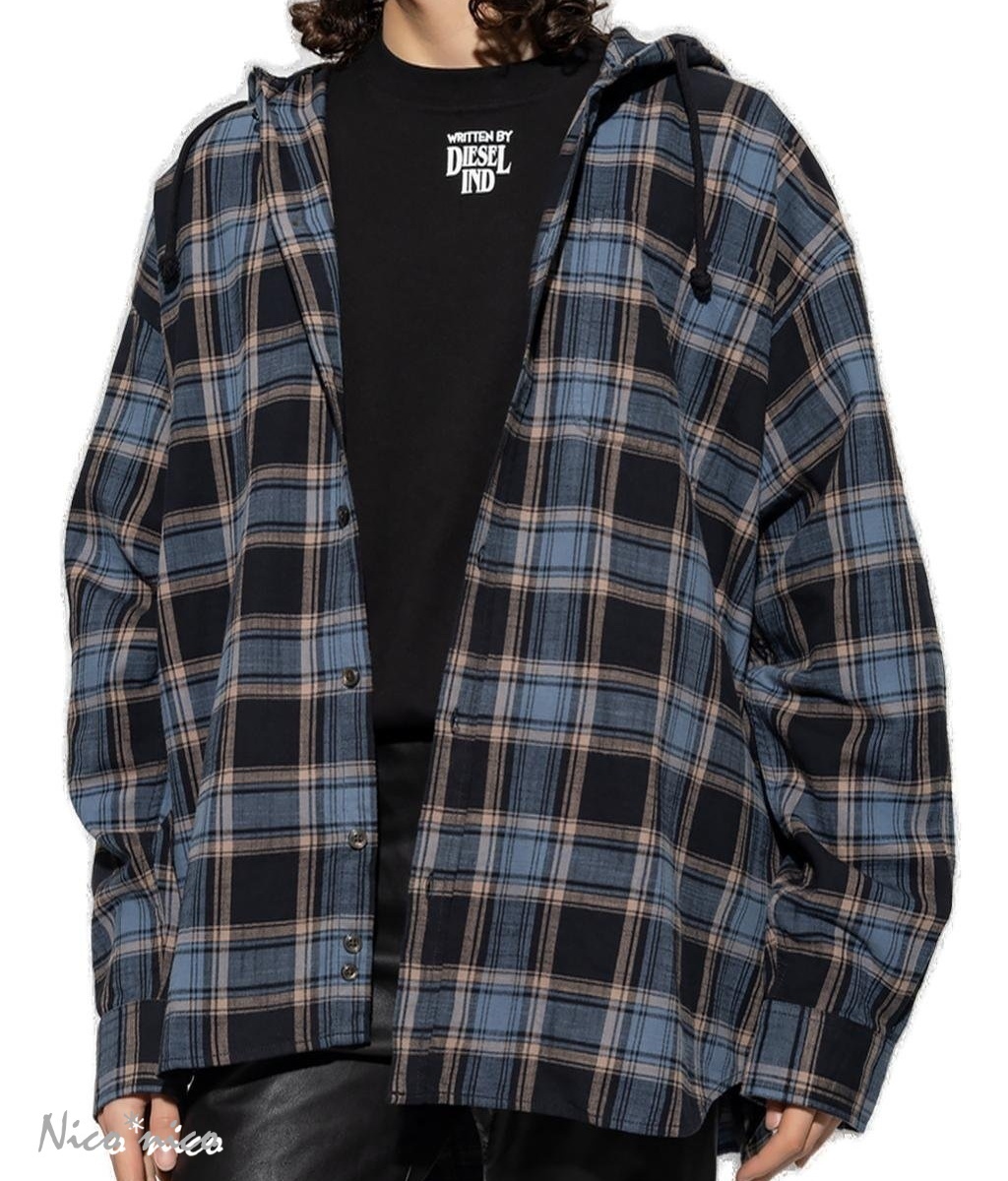 DIESEL S-Dewny チェックシャツ フード付き DIESEL】S-Dewny チェックシャツ フード 長袖 *送料/関税込み*