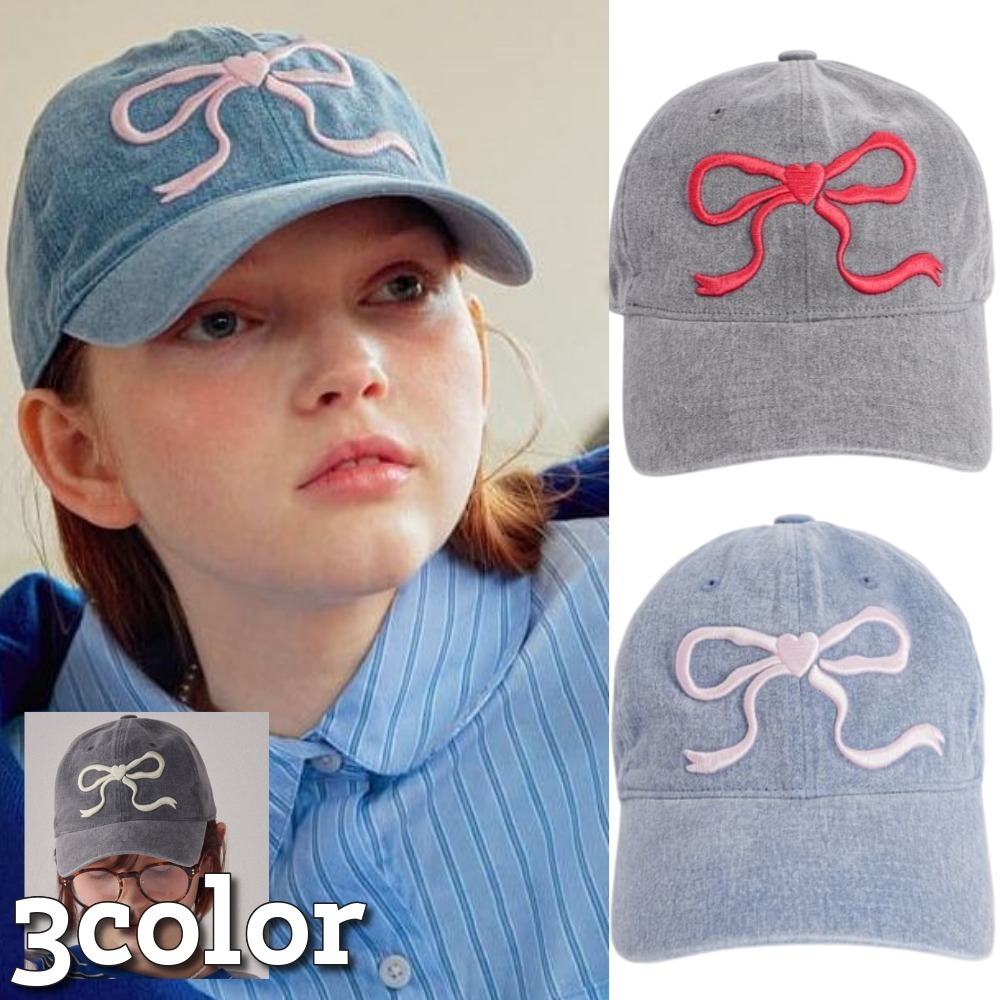RONRON★韓国★人気★HEART RIBBON BALL CAP 2色 リボン 刺繍