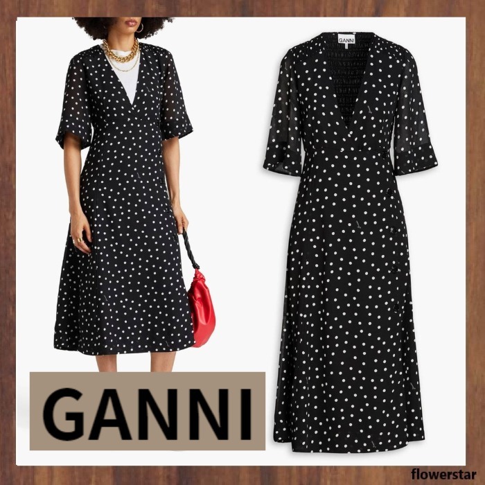 【Ganni】ポルカドット クレープ ミディラップドレス（送料込み)