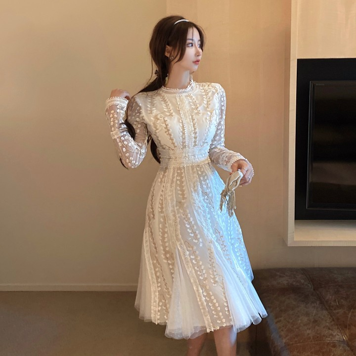 パーティー ドレス ミディアム丈 シアー 長袖 上品 結婚式 韓国