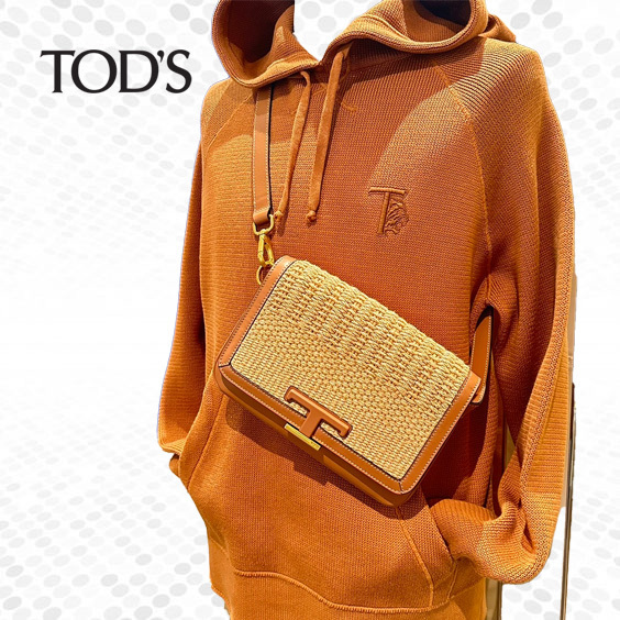 【関税込】TOD'S Tタイムレス レザー×ラフィアショルダーバッグ