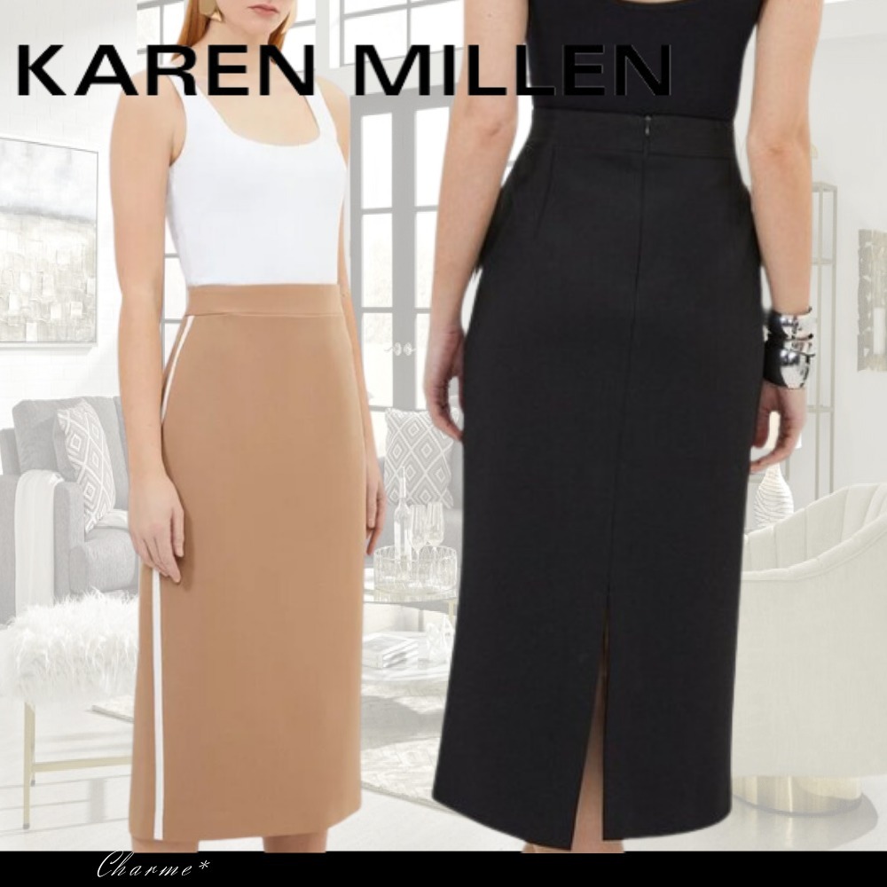 KAREN MILLEN ストレッチ ミディ ペンシル スカート キャメル 黒