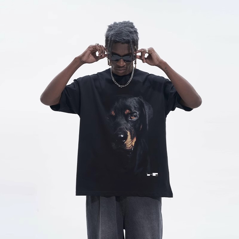 harshandcruel ストリート 半袖 犬 プリント 丸首 Tシャツ
