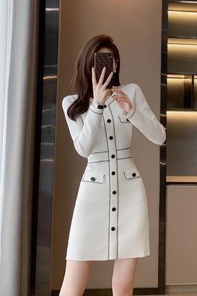 スーツ ミディアム丈 清楚系 タイト 長袖 ワンピース 膝丈 韓国