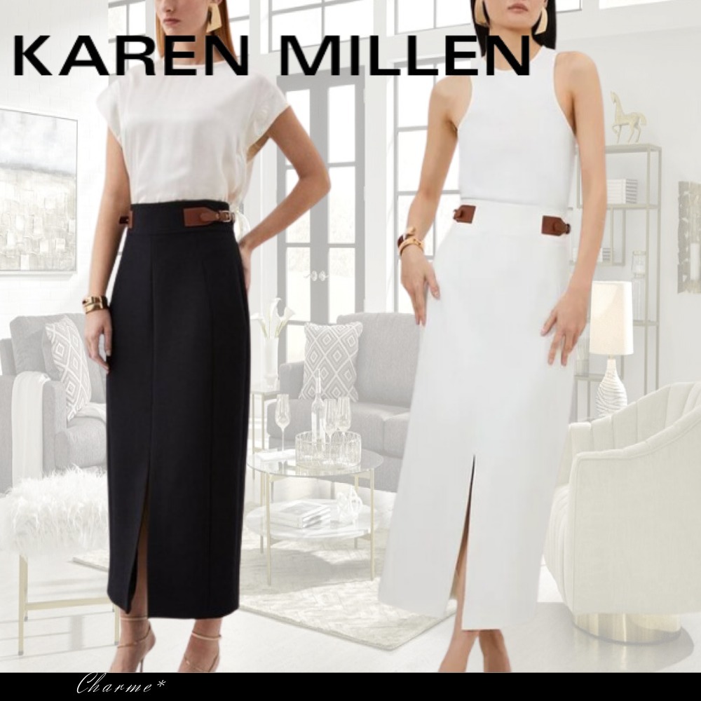KAREN MILLEN ペンシル ミディ スカート 黒 アイボリー ベルト