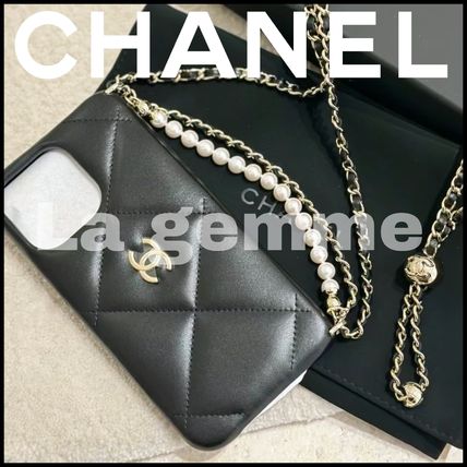 CHANEL Smart Phone Cases Street Style Chain Plain Leather With Jewels Bridal Logo