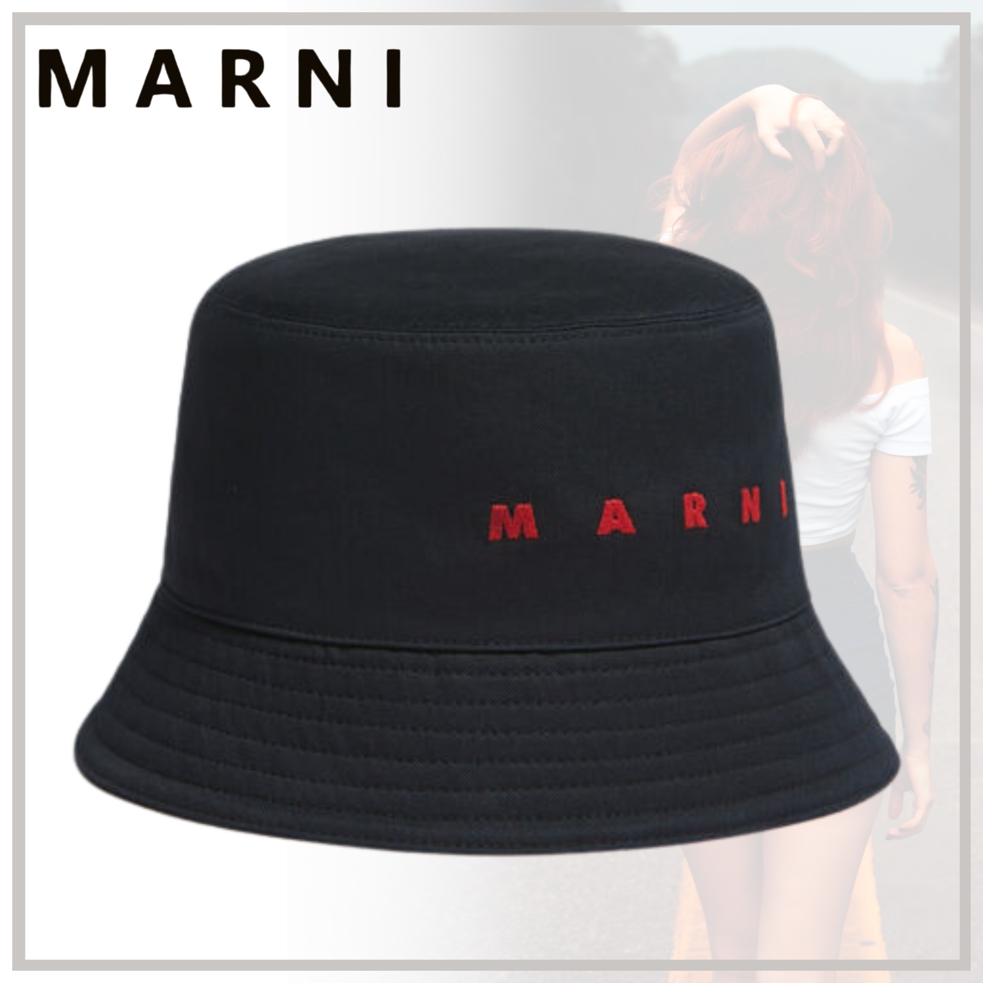 エレガントな【MARNI】ロゴ刺繍 ギャバジン バケットハット 24SS