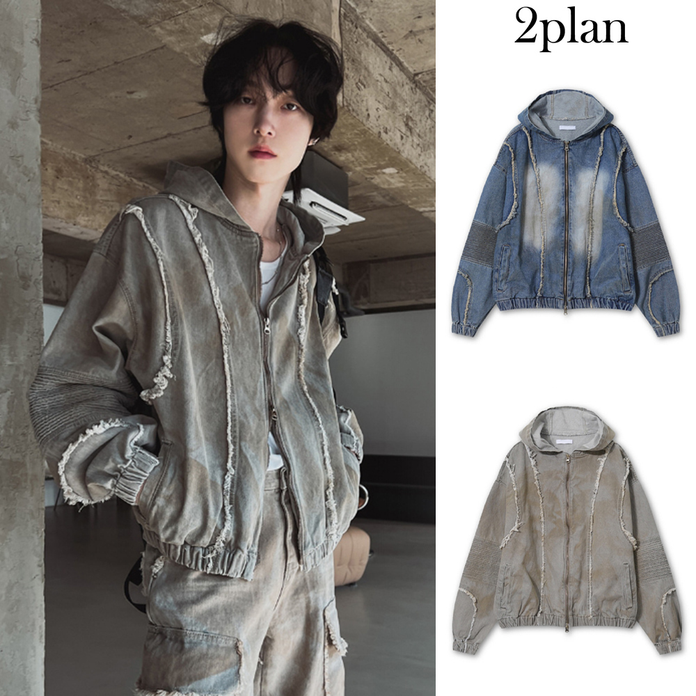 【2plan】Mud damage denim hooded jacket
