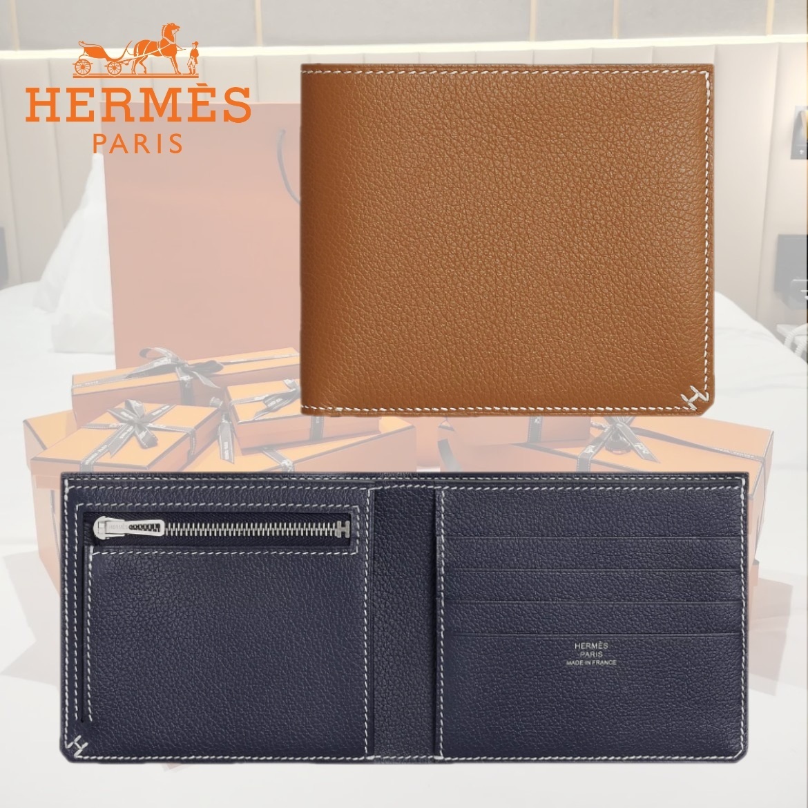 【白ステッチがお洒落！】HERMES H Sellier 折りたたみ財布
