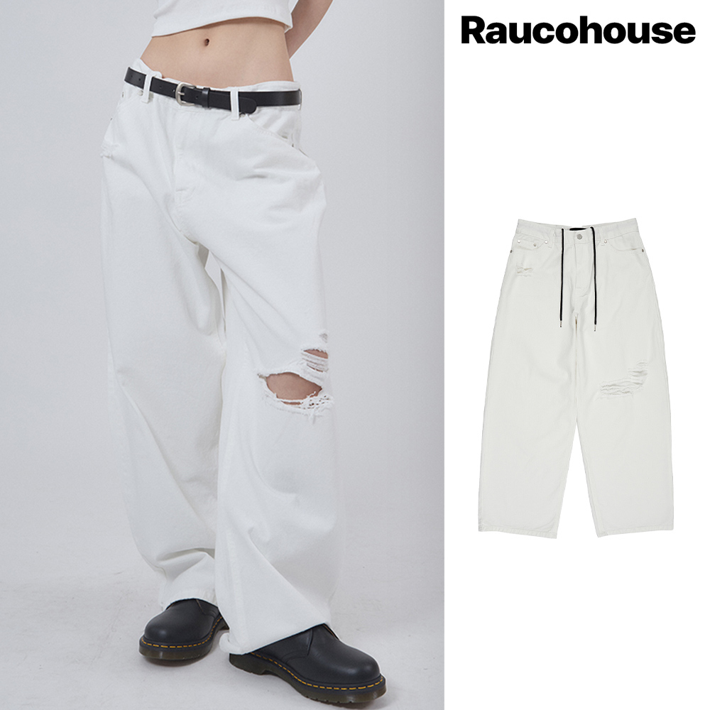 【Raucohouse】Pure white destroyed denim pants