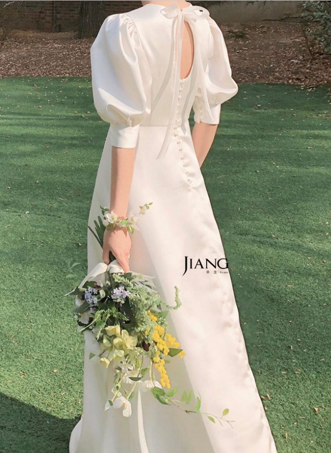 フェミニン パフスリーブ バックシャン ロング ドレス 結婚式
