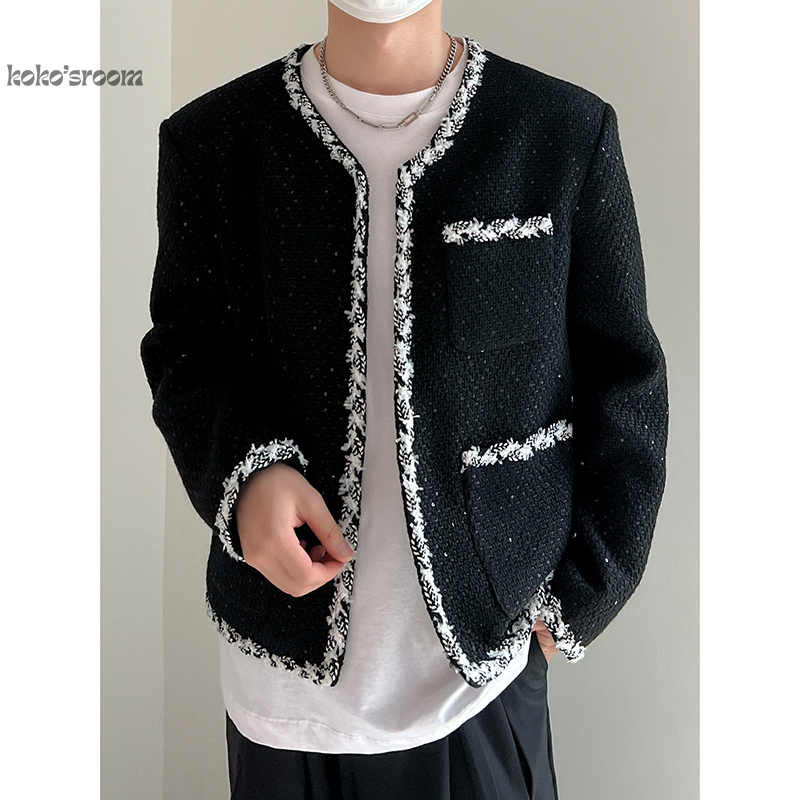 men's ノーカラー ツイード ジャケット ブラック