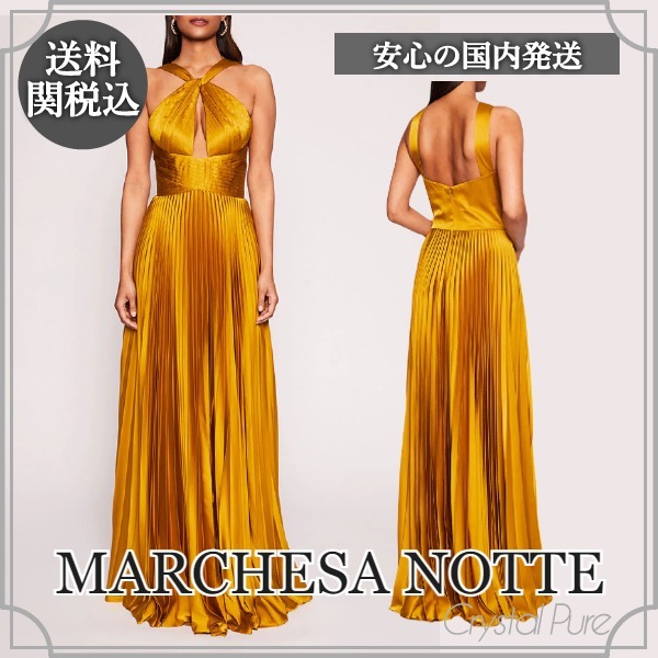 【MARCHESA NOTTE】サテン プリーツ カットアウト ロングドレス