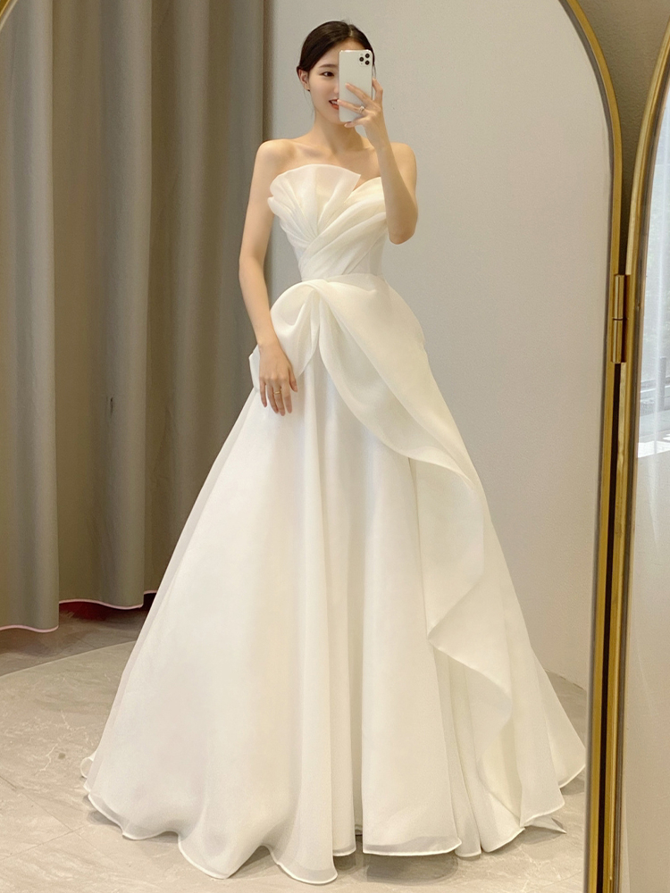 ウェディングドレス ロング丈 無地 上品 パーティー 結婚式 韓国