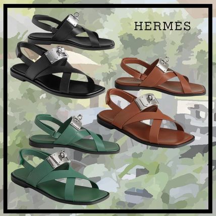 HERMES More Sandals Open Toe Casual Style Plain Leather Elegant Style Logo