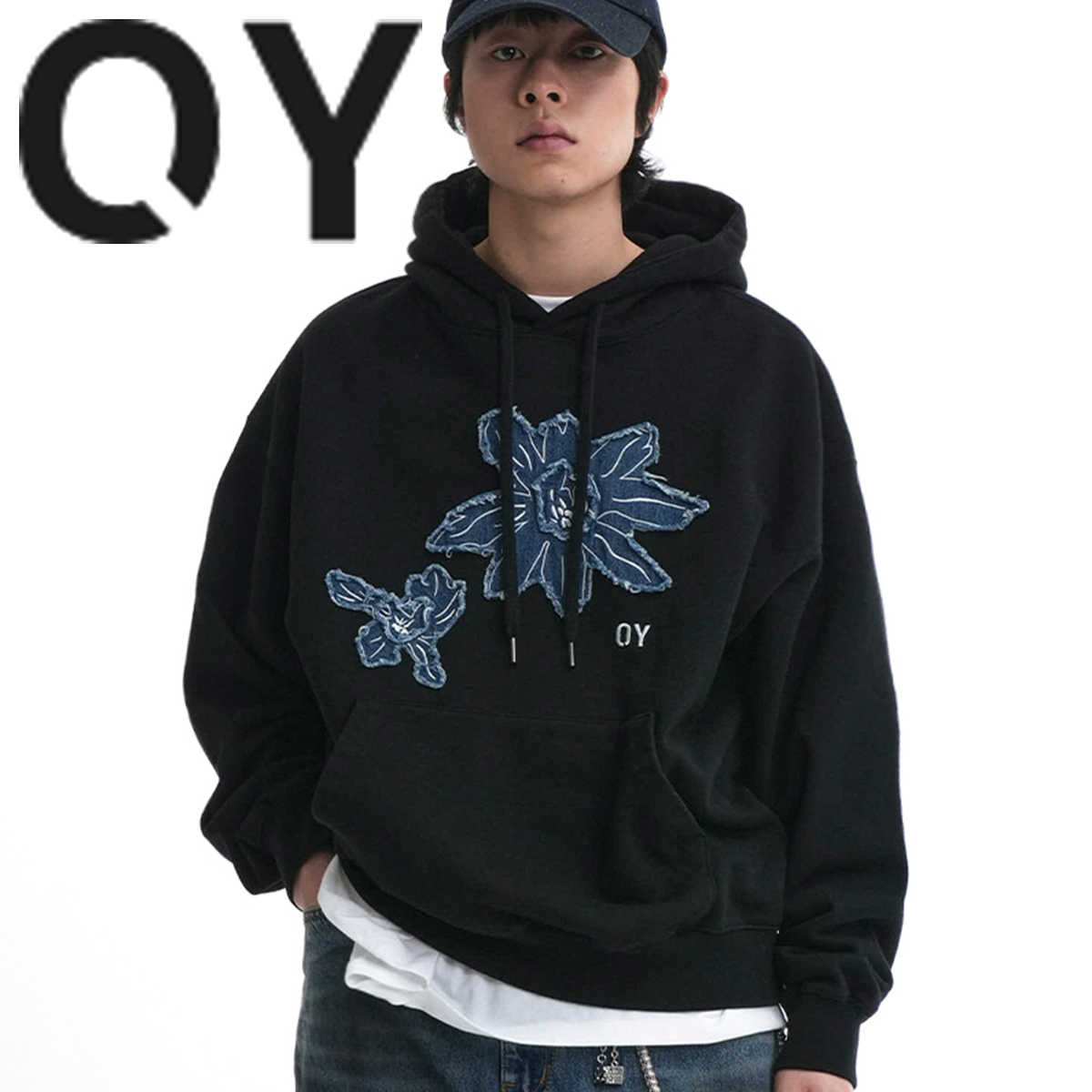 ★OY★DENIM FLOWER PATCH HOODIE-BLACK★正規品/韓国直送料込