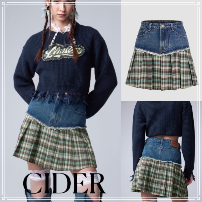 【Cider】デニム チェック プリーツ ミニ スカート