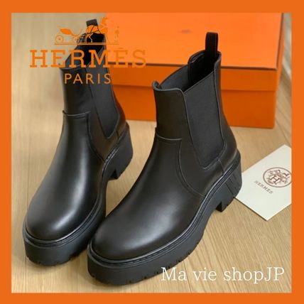 HERMES Mid Heel Platform Casual Style Plain Chelsea Boots Logo