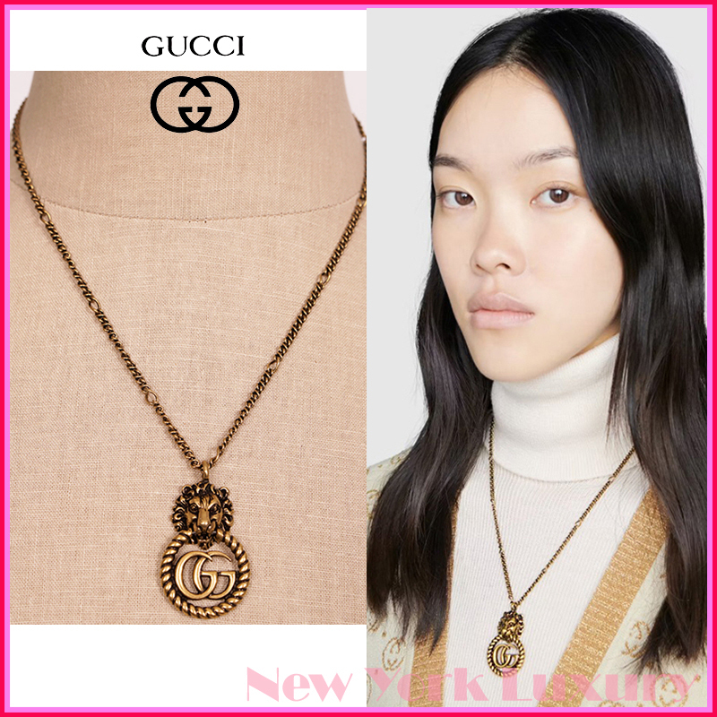 GUCCI★素敵！Lion Head Aged Gold Tone GG LOGO NECKLACE