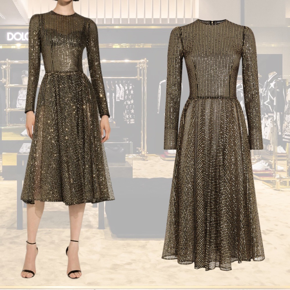 【DOLCE&GABBANA】スパンコール付き長袖ミディドレス