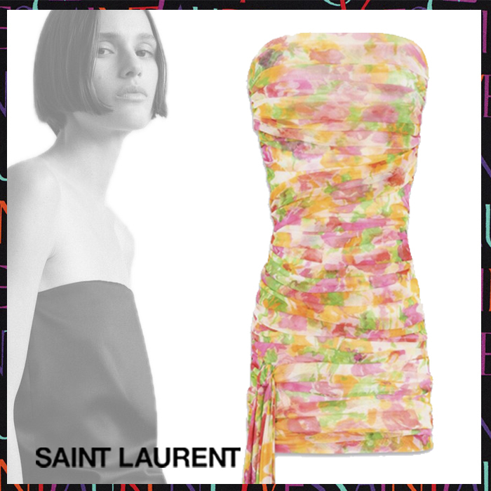 Saint Laurent《ストラップレスドレス》フローラルチュール 直営
