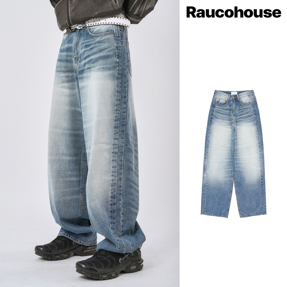 【Raucohouse】Mend side washed wide denim pants