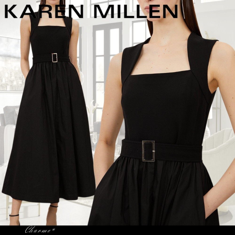 KAREN MILLEN ドレス フレア 黒 ノースリーブ ベルトベルト