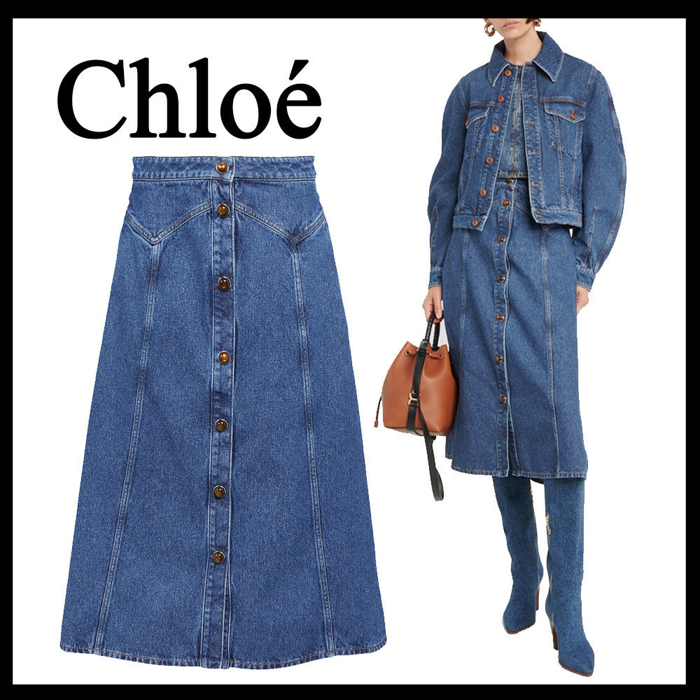 SALE♪春に大活躍*Chloe*コットン デニムスカート ロング ブルー