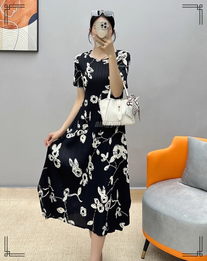ロングワンピース フラワープリント シフォン 2color