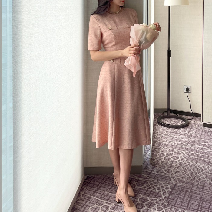 ワンピース 結婚式 半袖 春夏 パーティードレス ツイード 二次会