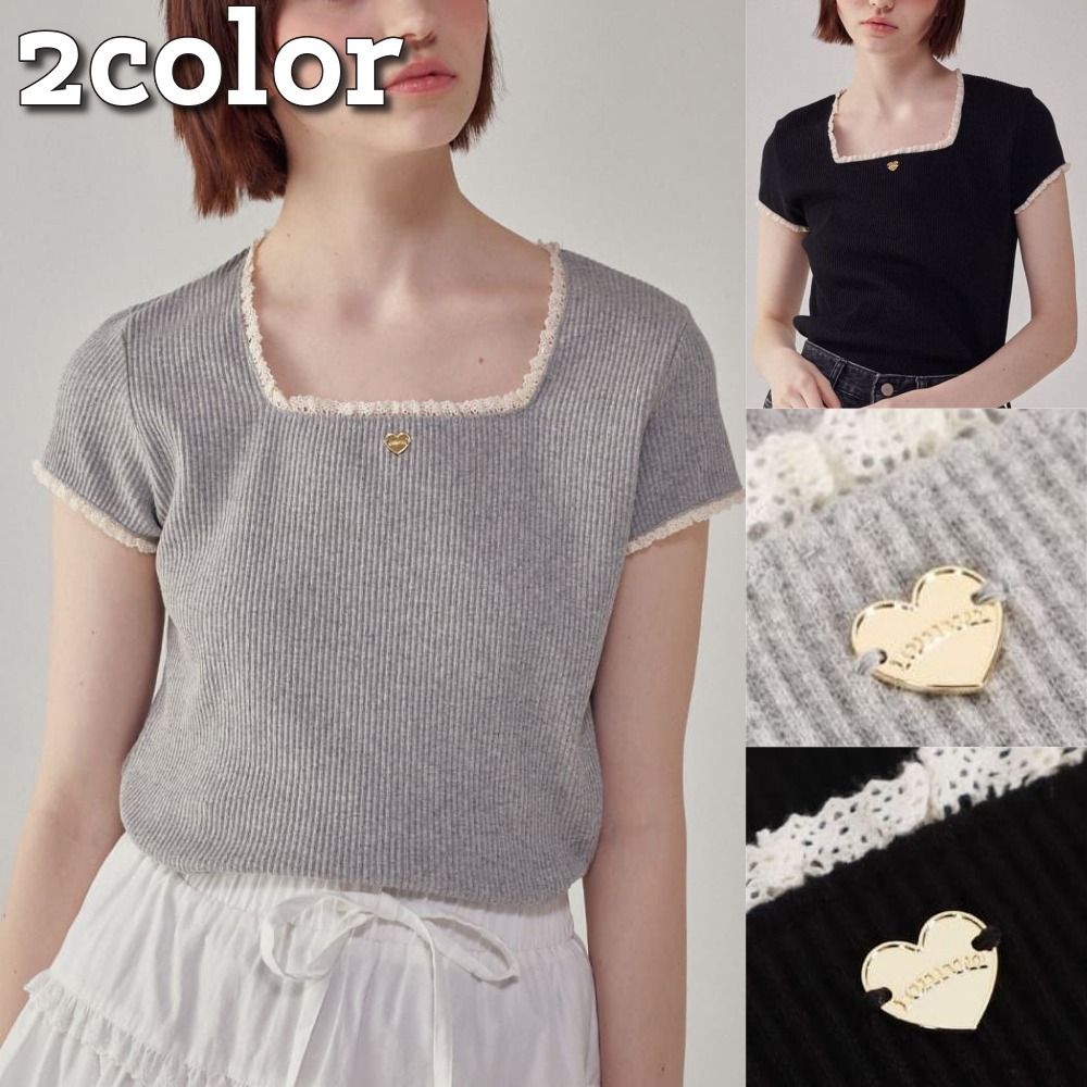 RONRON★韓国★人気★LACE SQUARE HEAR NECK SHORT SLEEVE 2色
