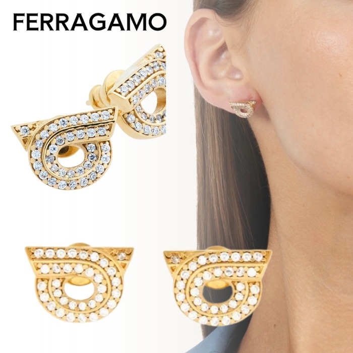 国内直営**FERRAGAMO** クリスタルパヴェ ゴールドピアス