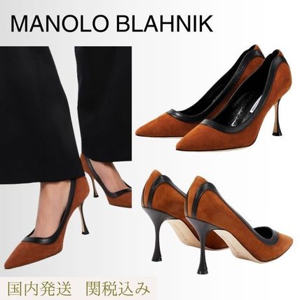 Manolo Blahnik Pointed Toe Casual Style Suede Bi-color Plain Leather Party Style