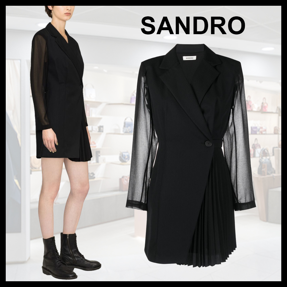 sandro★ワンピース ☆パリ発 sandro☆ ボタン フリル襟 ニット ドレスワンピース 黒