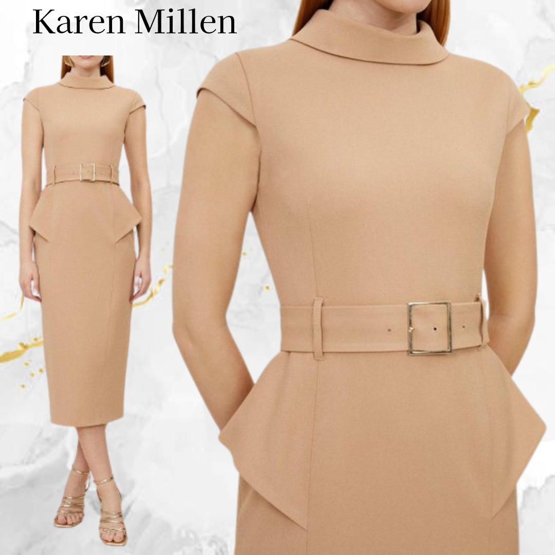 Karen Millen ロールネック ペプラム ベルト付 ミディドレス