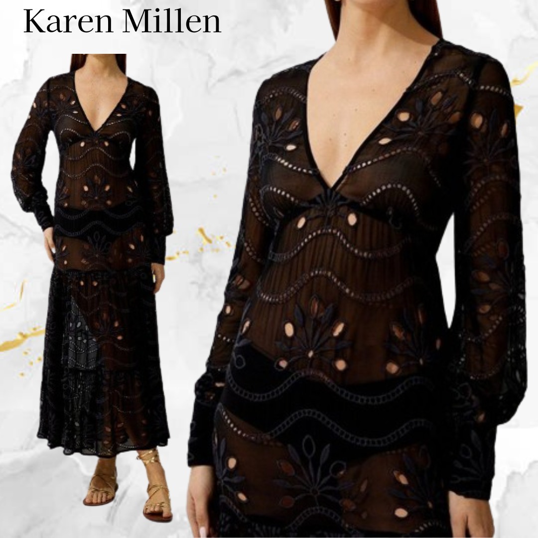 Karen Millen 長袖 カットワークビーチマキシドレス