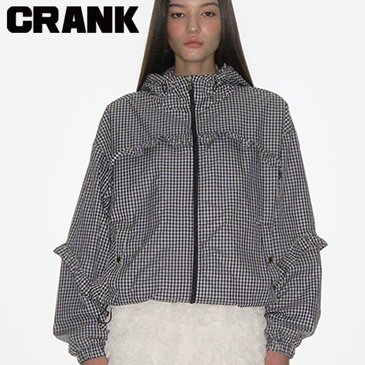 ★CRANK★CHECK FRILL WINDBREAKER_NAVY★正規品/韓国直送料込