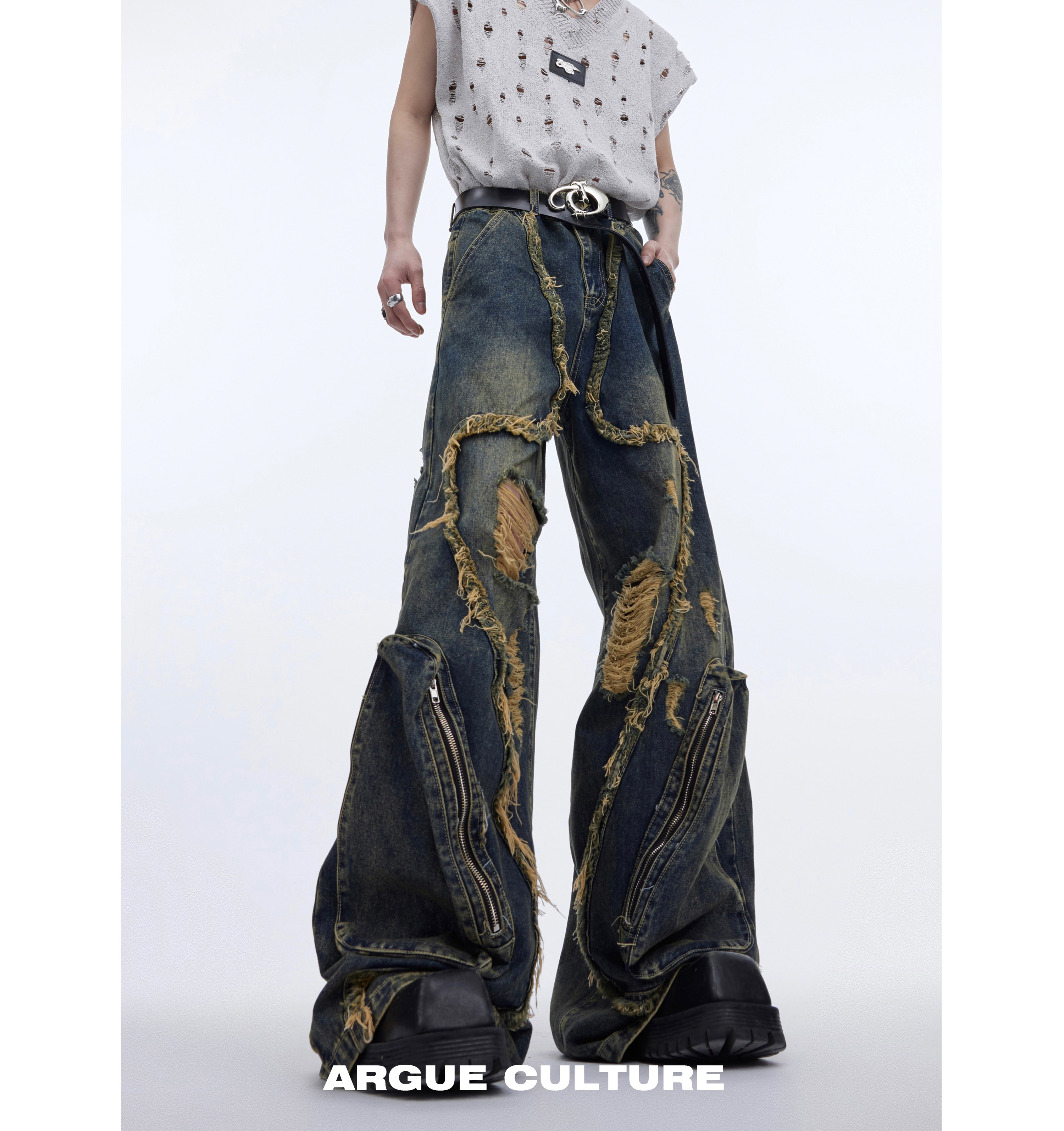 ArguE CulturE ワイドデニムパンツウォッシュドジーンズPU切替 ArguE CulturEデニムパンツジーンズウォッシュドPUレザー切替