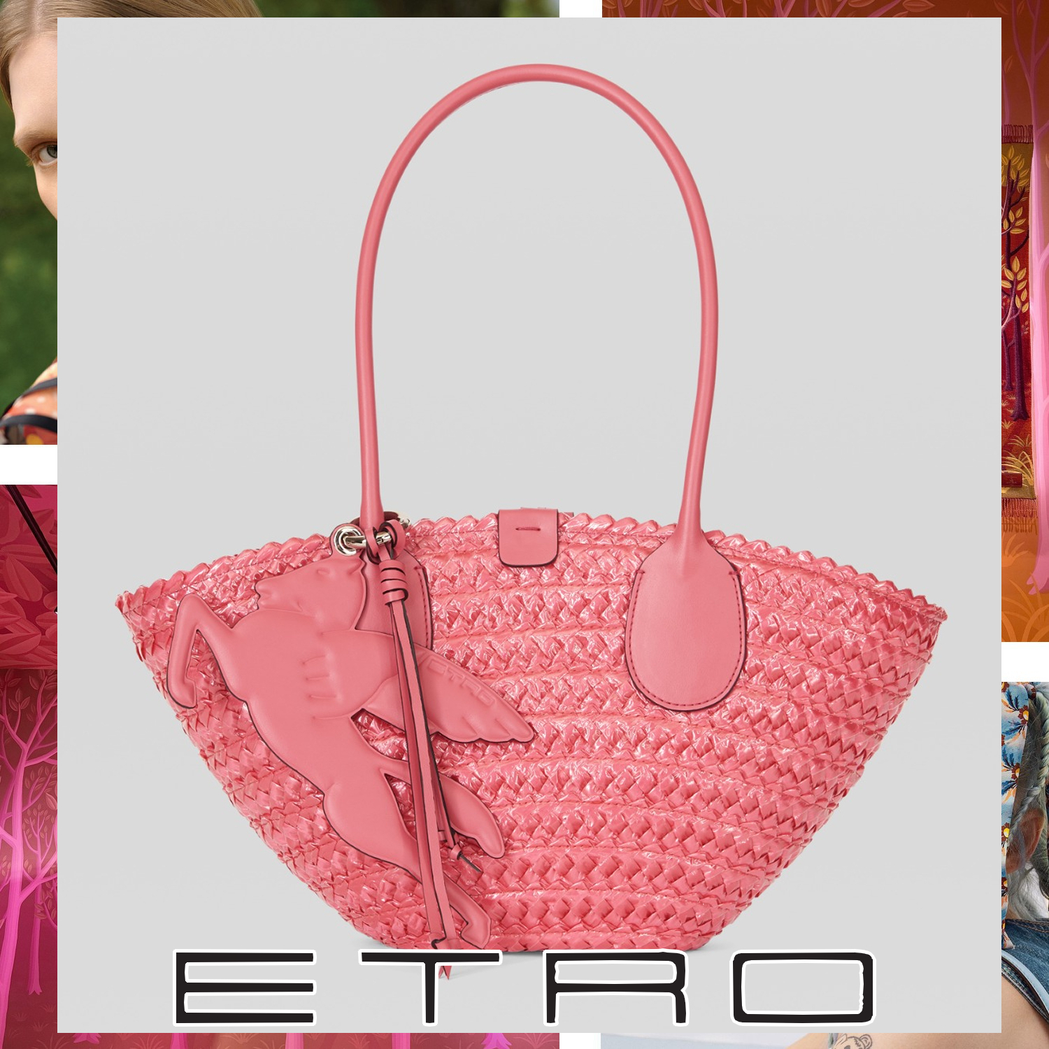 ETRO ペガソ モチーフ かごバッグ ピンク